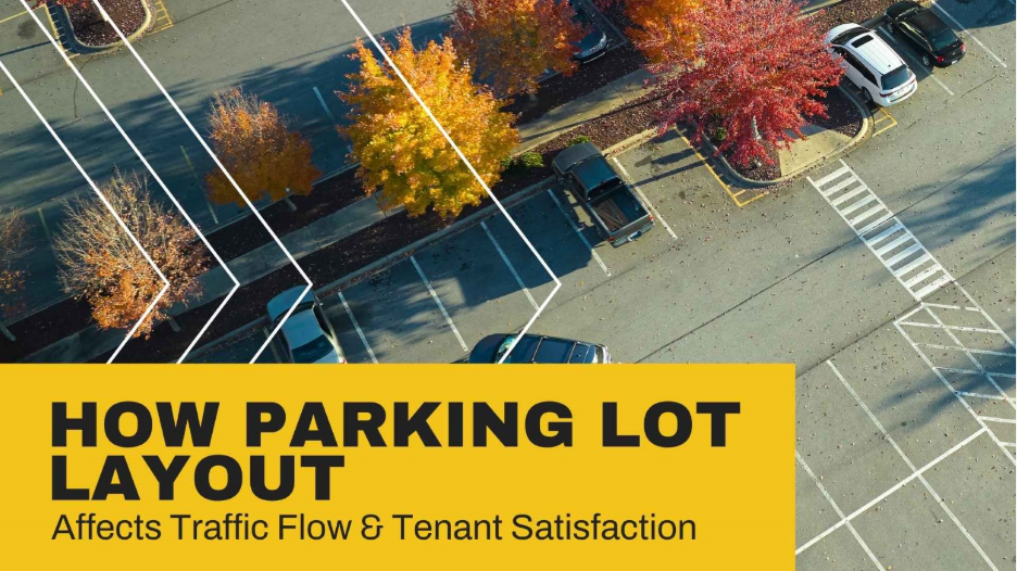 Aerial view of a commercial parking lot with marked spaces, traffic lanes, pedestrian crossings, and landscaped areas, with text reading “How Parking Lot Layout Affects Traffic Flow & Tenant Satisfact